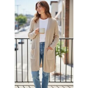 PINQUE Beige Waffle Knit Long Cardigan Sweater Open Front Pockets Size S
